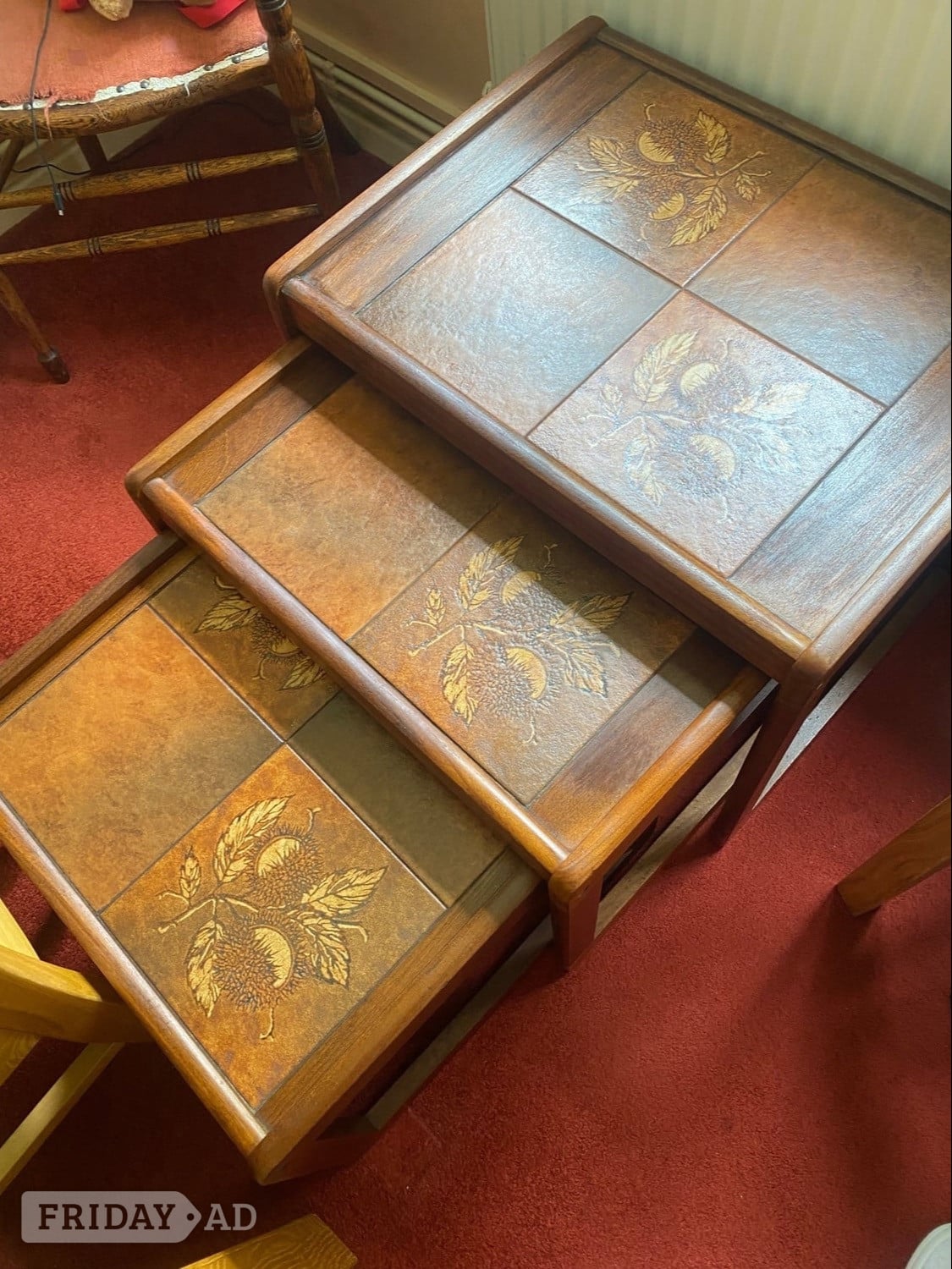 Nesting tables , teak set of three with tiled tops