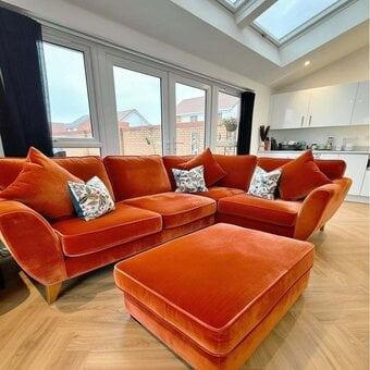 Luxury Burnt Orange Velvet L-Shaped Corner Sofa with Ottoman 