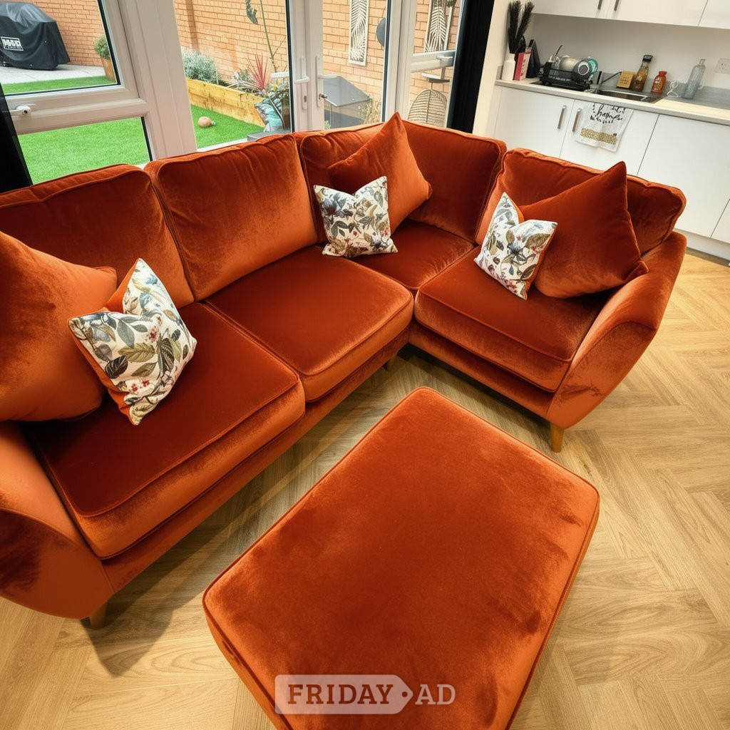 Luxury Burnt Orange Velvet L-Shaped Corner Sofa with Ottoman 