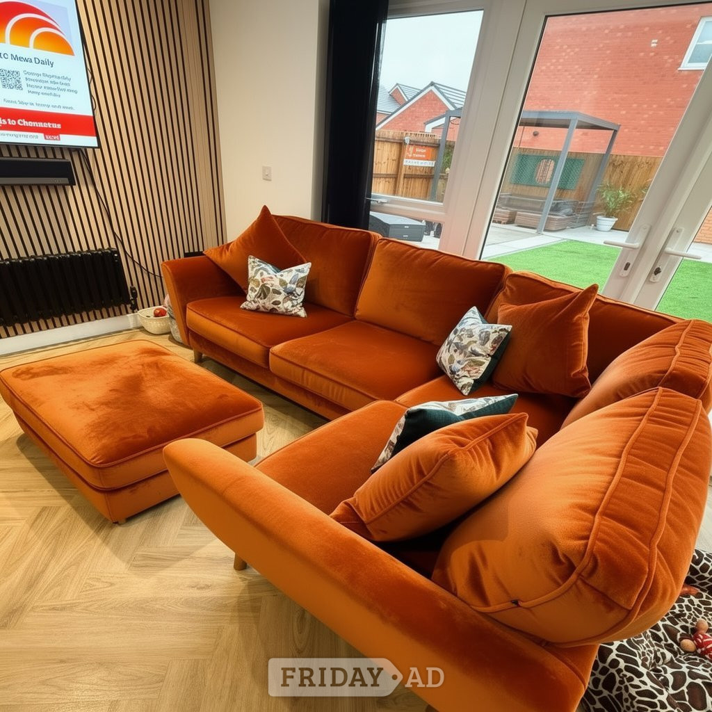 London Luxury Burnt Orange Velvet L-Shaped Corner Sofa with Ottoman 