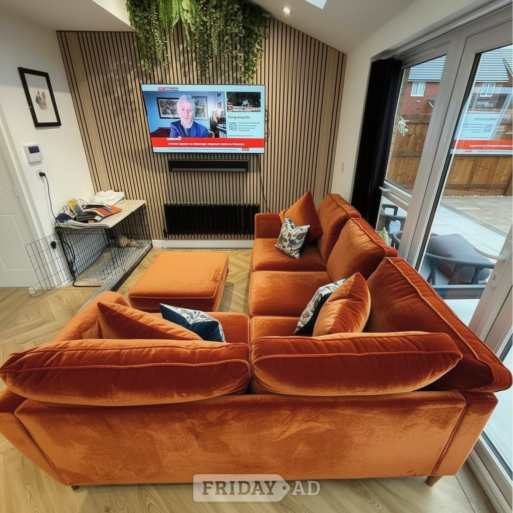 Luxury Burnt Orange Velvet L-Shaped Corner Sofa with Ottoman  - Furniture in London