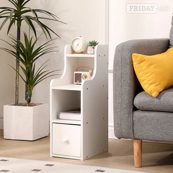 Narrow Bedside Table White with Drawer&Open Shelf, Slim Table