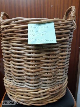STURDY 12" TALL WICKER LOG BASKET. VERY GOOD CONDITION.