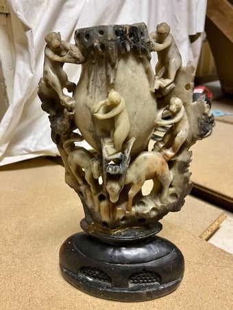 Chinese Hardstone Brush Pot( REDUCED )/ Birds, Monkeys & Scribed Crane's, Birds & Flowers on base
