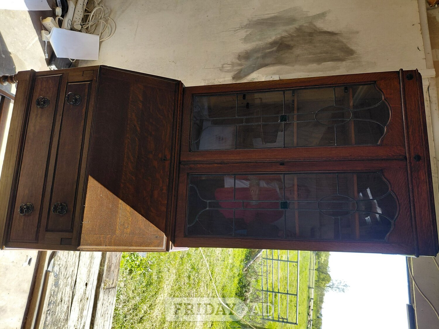 Battle Oak 1920 desk with leaded lights cubboard 