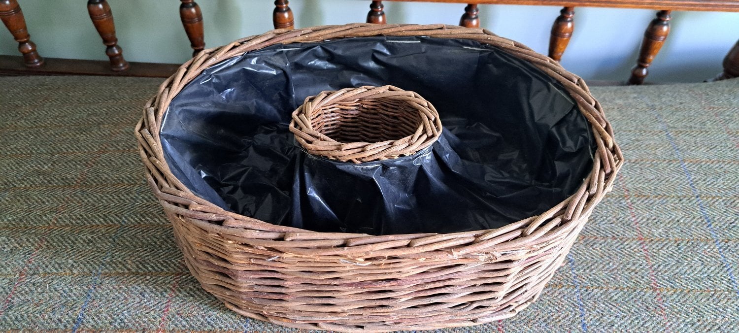LARGE OVAL HANDMADE WICKER BASKET PLANT CONTAINER. USED