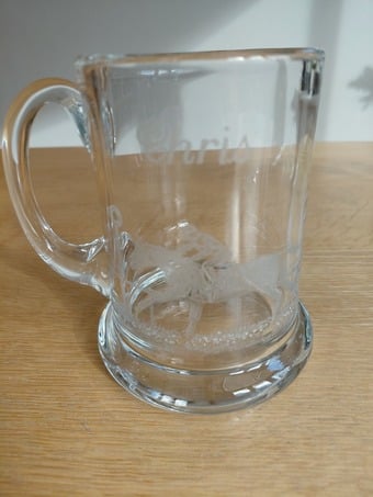 Etched Glass Tankard with Horse/Jockey Design, etched "Chris"!