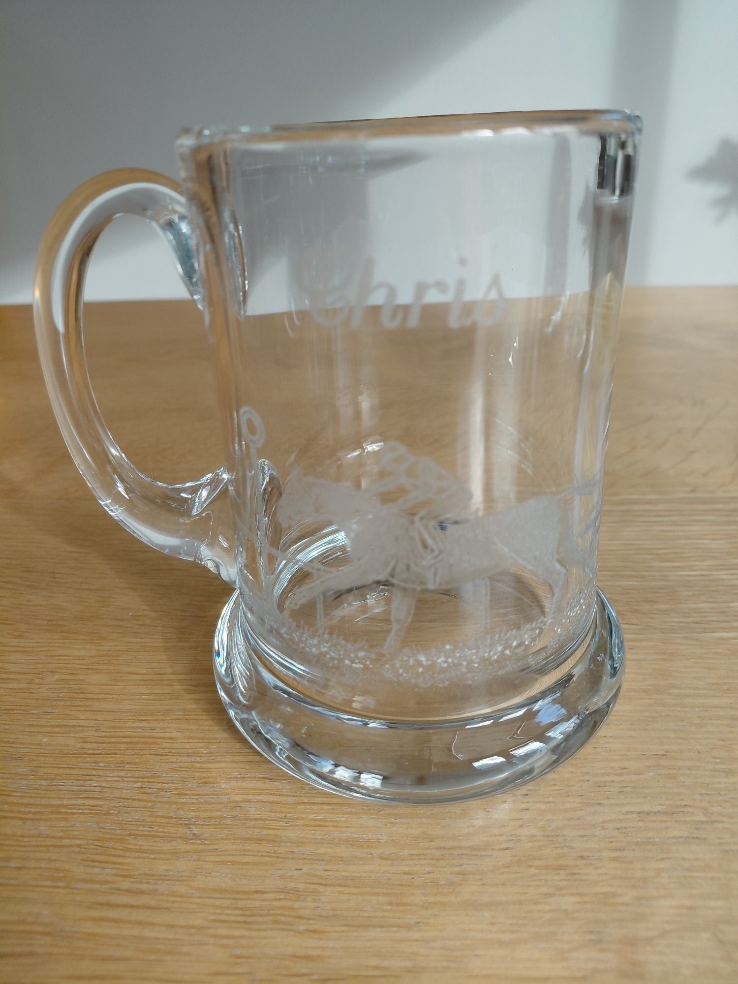 Etched Glass Tankard with Horse/Jockey Design, etched "Chris"!