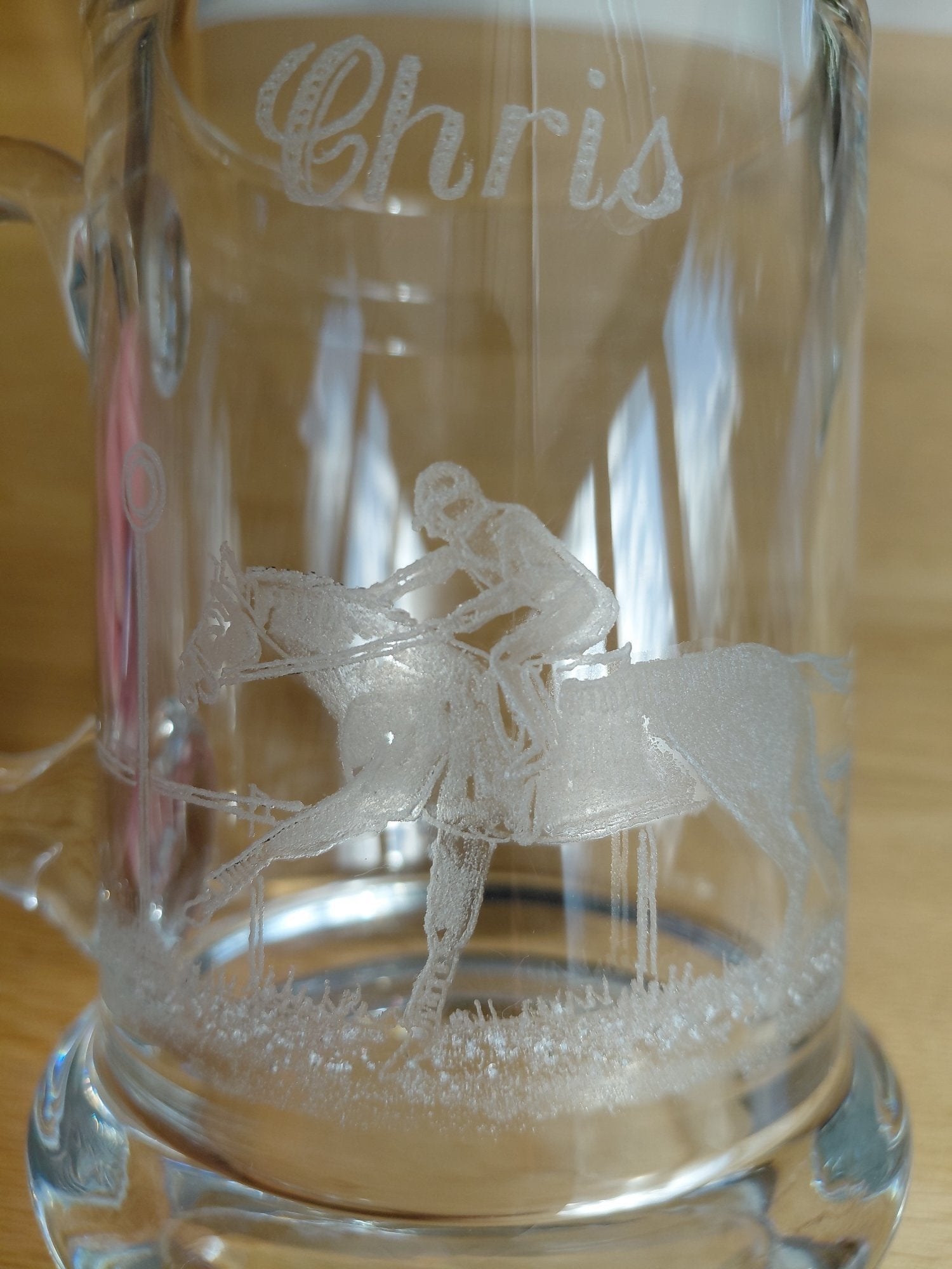 Winchester Etched Glass Tankard with Horse/Jockey Design, etched "Chris"!