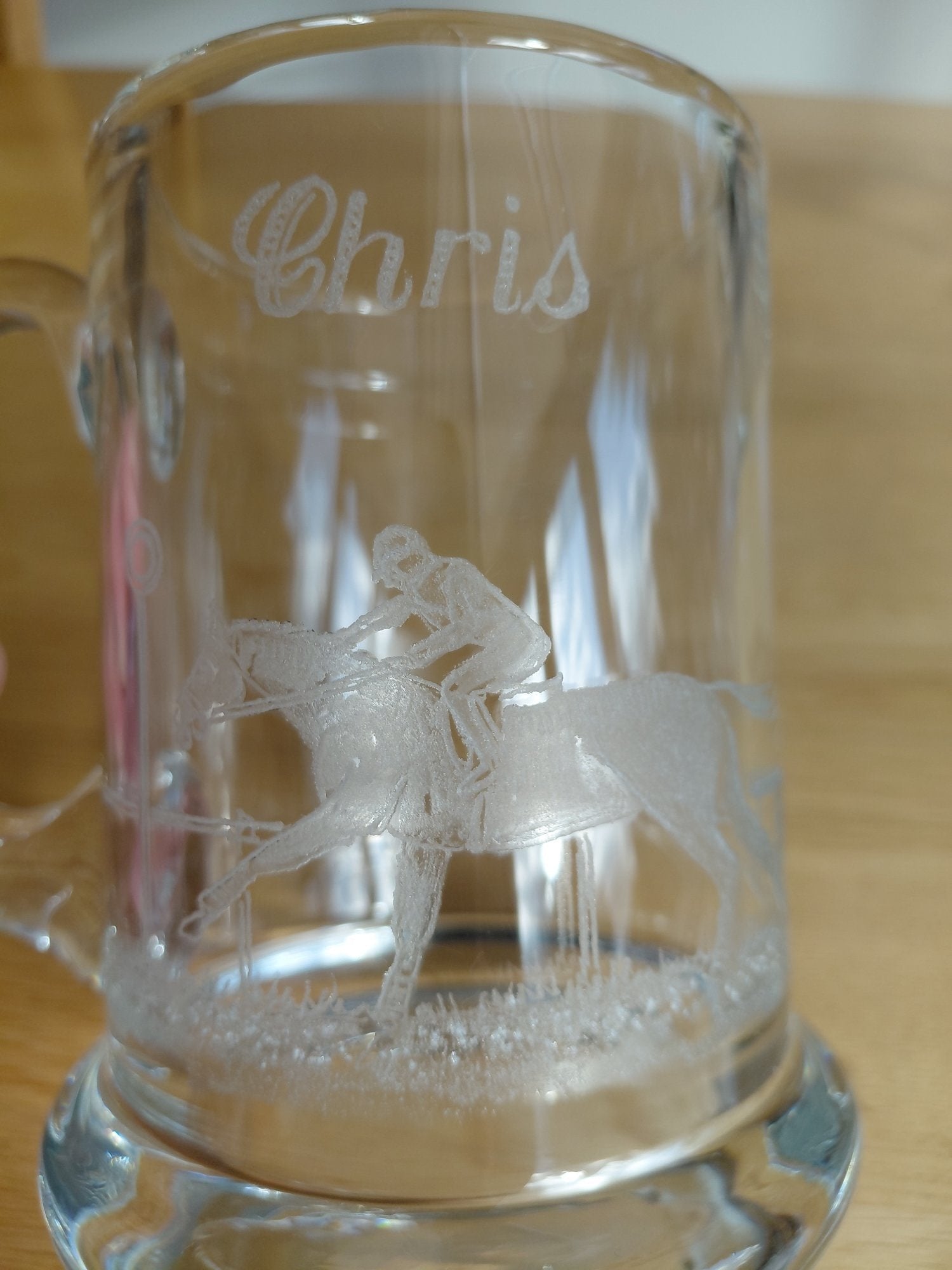 Etched Glass Tankard with Horse/Jockey Design, etched "Chris"! - Cookware & Dining in Winchester