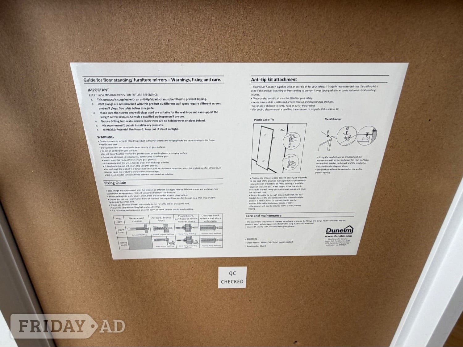 Dunelm white free standing/wall fix full length mirror - Home Decor in Littlehampton