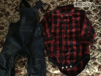 Checked Shirt and denim dungarees. Age 3-6 months