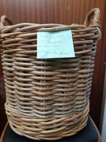STURDY 12" TALL WICKER LOG BASKET. VERY GOOD CONDITION.