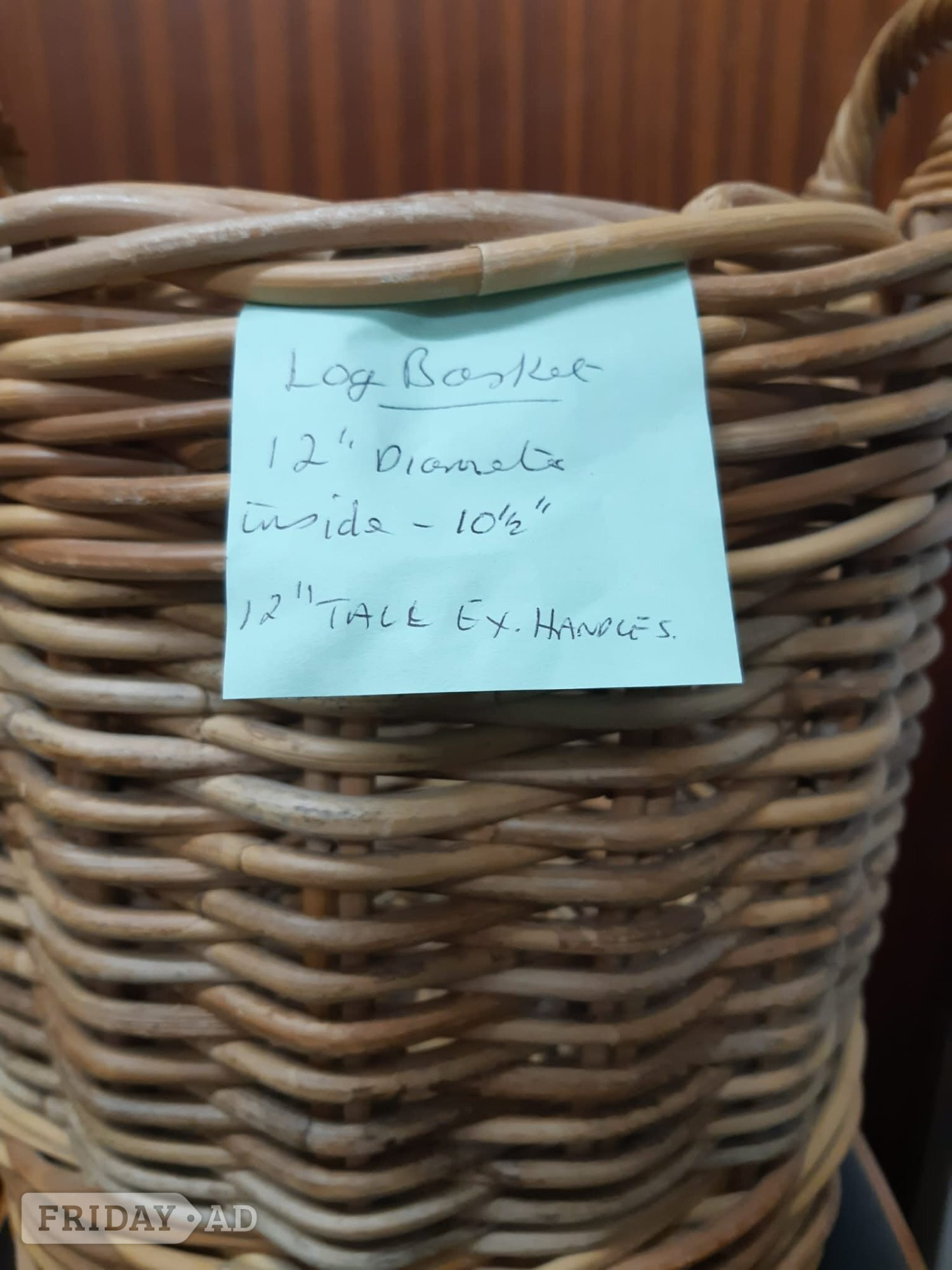 STURDY 12" TALL WICKER LOG BASKET. VERY GOOD CONDITION.