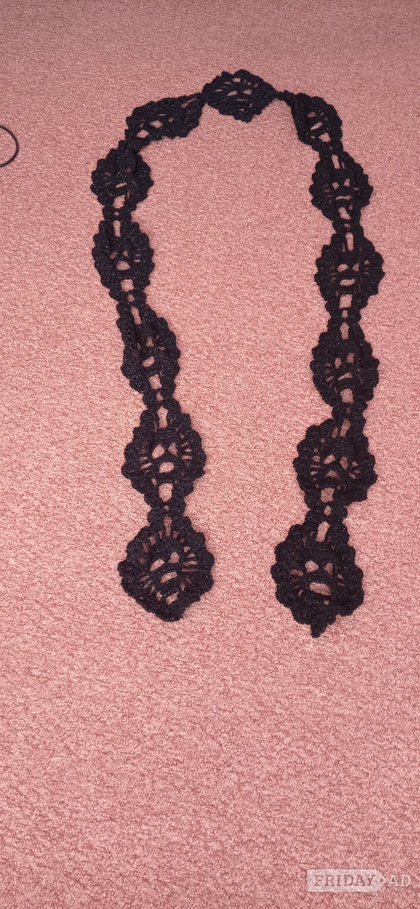 black sparkly skull scarf approx 10 ft long  hand crocheted in Brighton