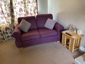 EXCELLENT COND 3 and 2 SEATER SOFAS IN PLUM/PURPLE , FABRIC