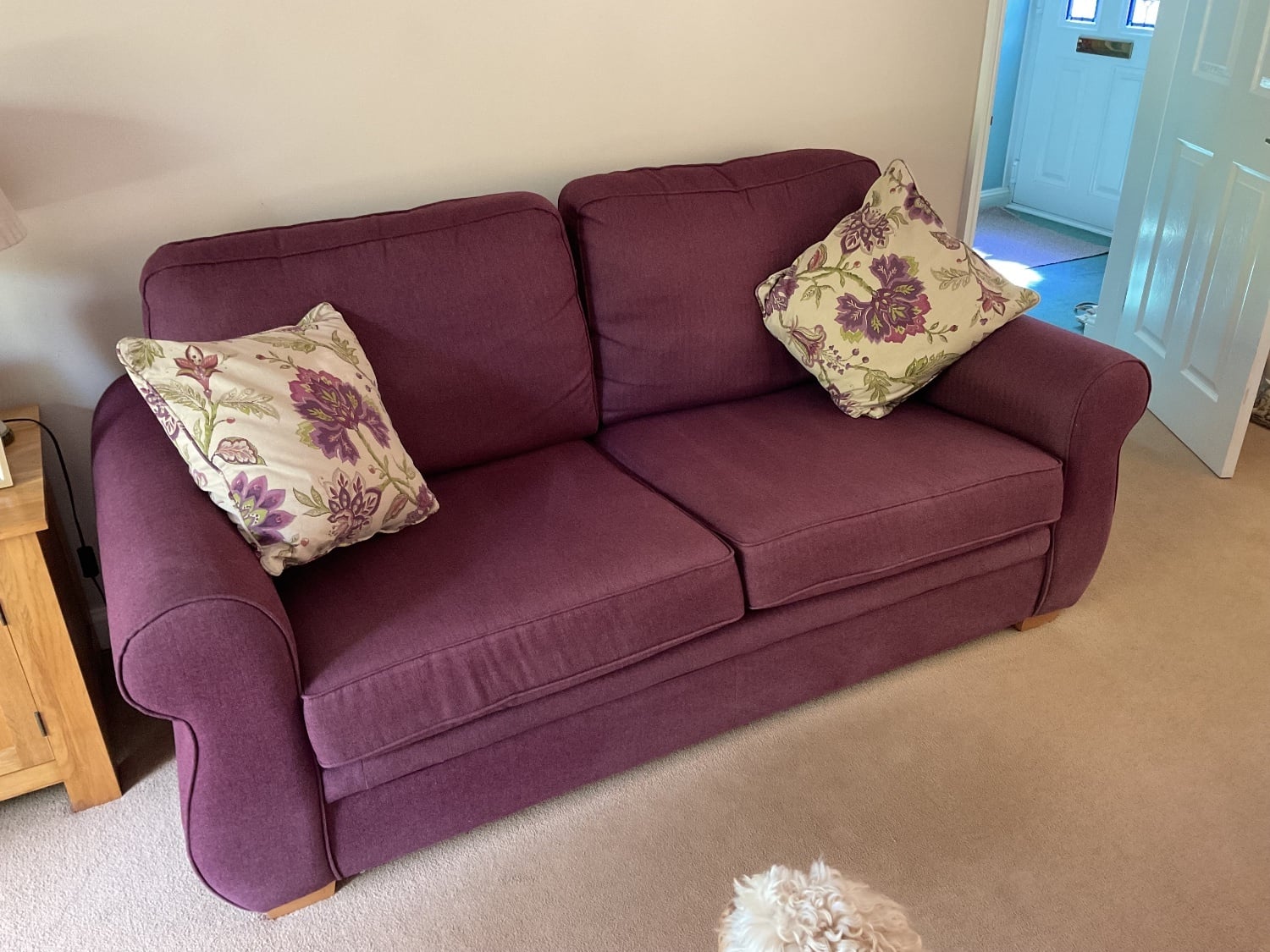 EXCELLENT COND 3 and 2 SEATER SOFAS IN PLUM/PURPLE , FABRIC