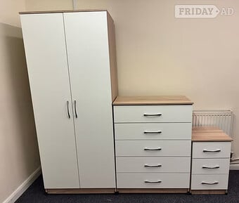METRO (OAK/WHITE ) WARDROBE CHEST & BEDSIDE - FULLY ASSEMBLED