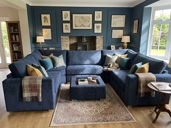 Blue Luxury Lilly U Shape Curved Sofa With Fullback Cushions , Li