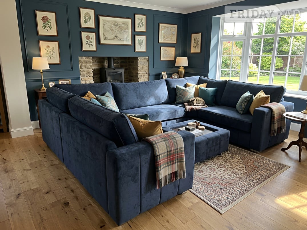 Blue Luxury Lilly U Shape Curved Sofa With Fullback Cushions , Li