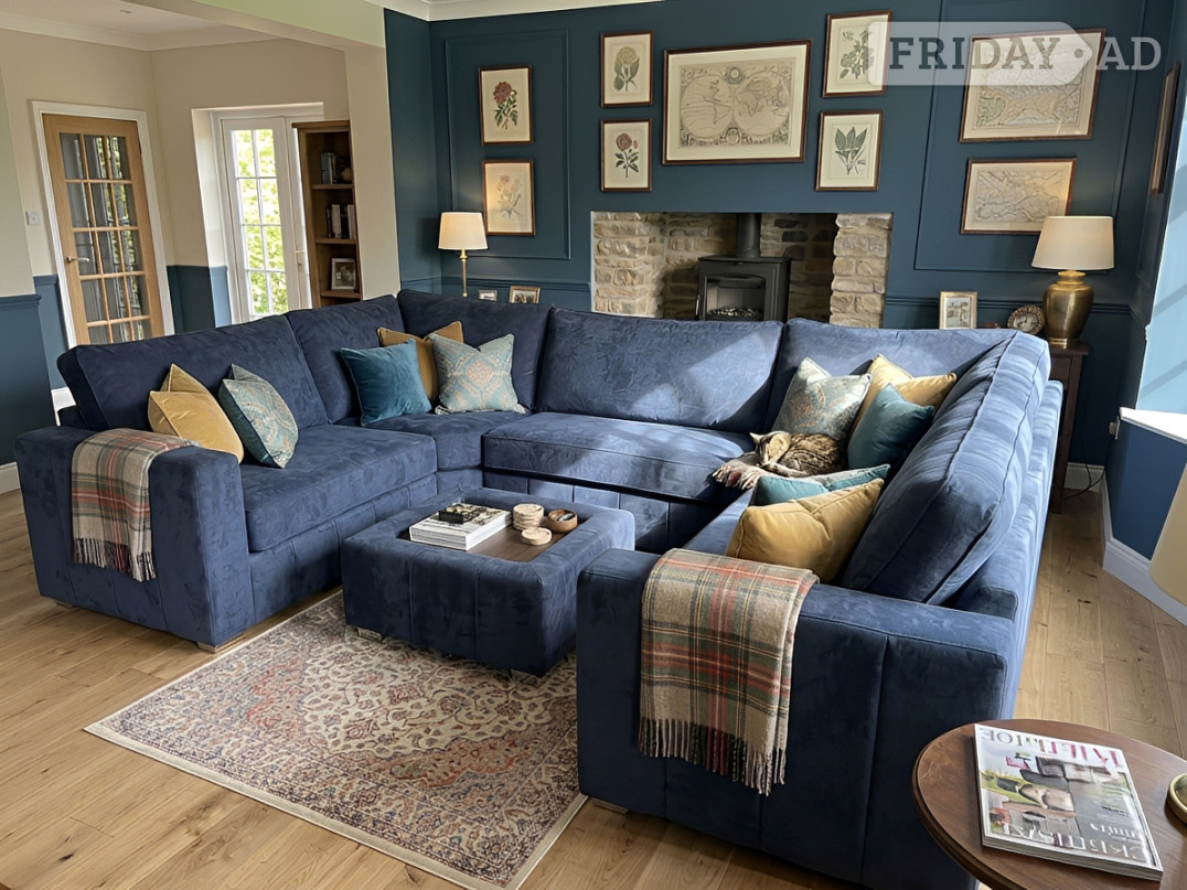 London Blue Luxury Lilly U Shape Curved Sofa With Fullback Cushions , Li