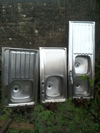 Sinks, stainless steel, old. £10 each.
