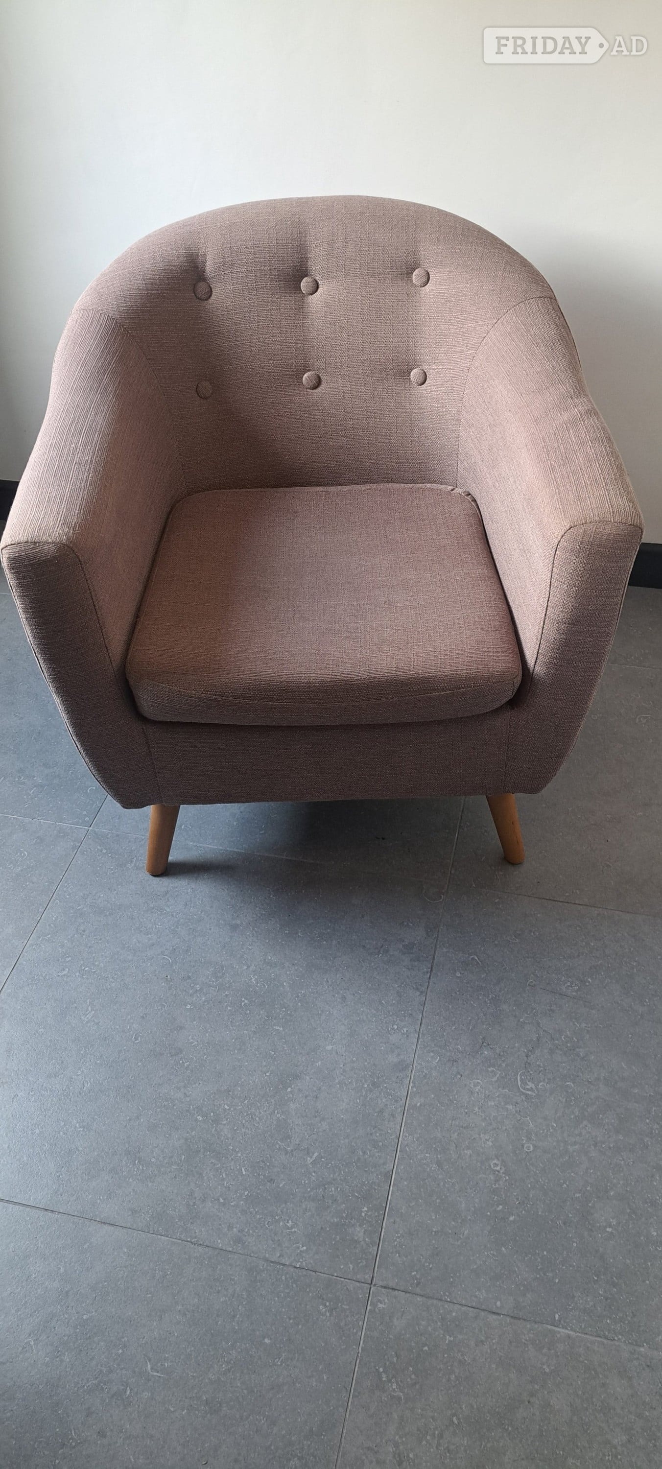 UPHOLSTERED ARMCHAIR. TUB CHAIR WITH WOODEN LEGS. TAUPE COLOURED  in Hartley Wintney