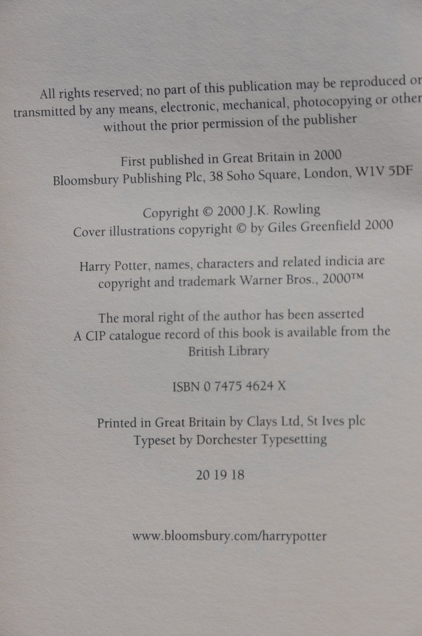 Hartley Wintney Harry Potter & The Goblet Of Fire J. K. Rowling 2000 Edition