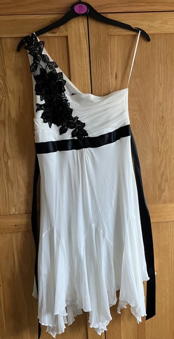 White & black one shoulder dress with back tie- LIKE NEW