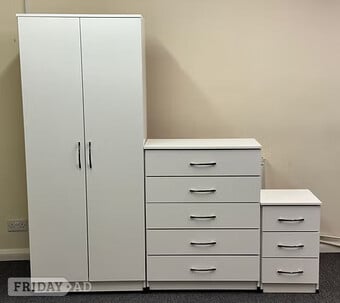 METRO (WHITE ) WARDROBE CHEST & BEDSIDE - FULLY ASSEMBLED