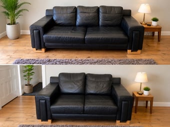 2 x black leather matching sofas. 1 x 3 seater & 1 x 2 seater.