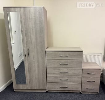 METRO (SILVER ) MIRROR WARDROBE CHEST & BEDSIDE - FULLY ASSEMBLED
