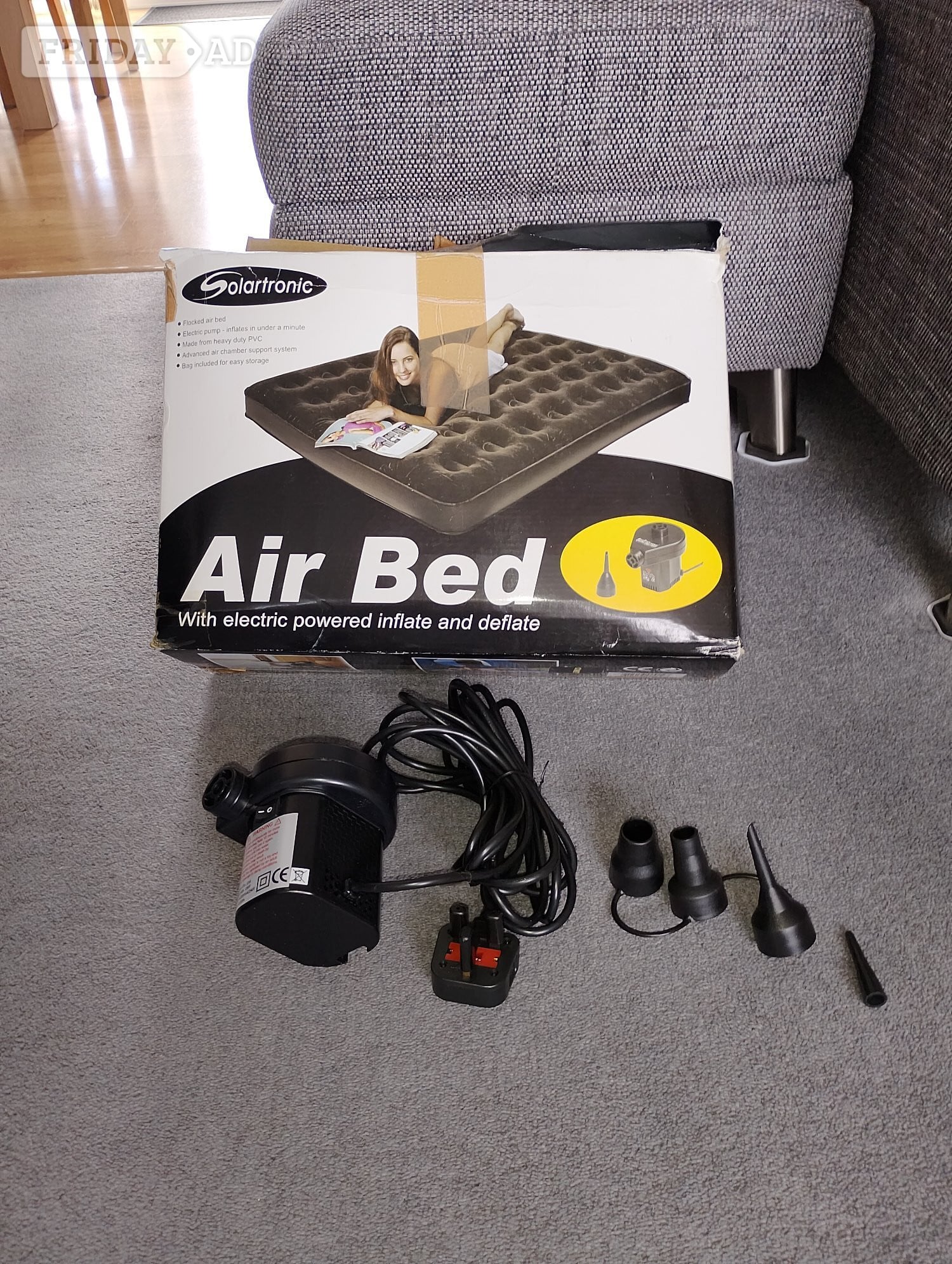 Inflatable double air bed with pump etc. Used only once , as new.