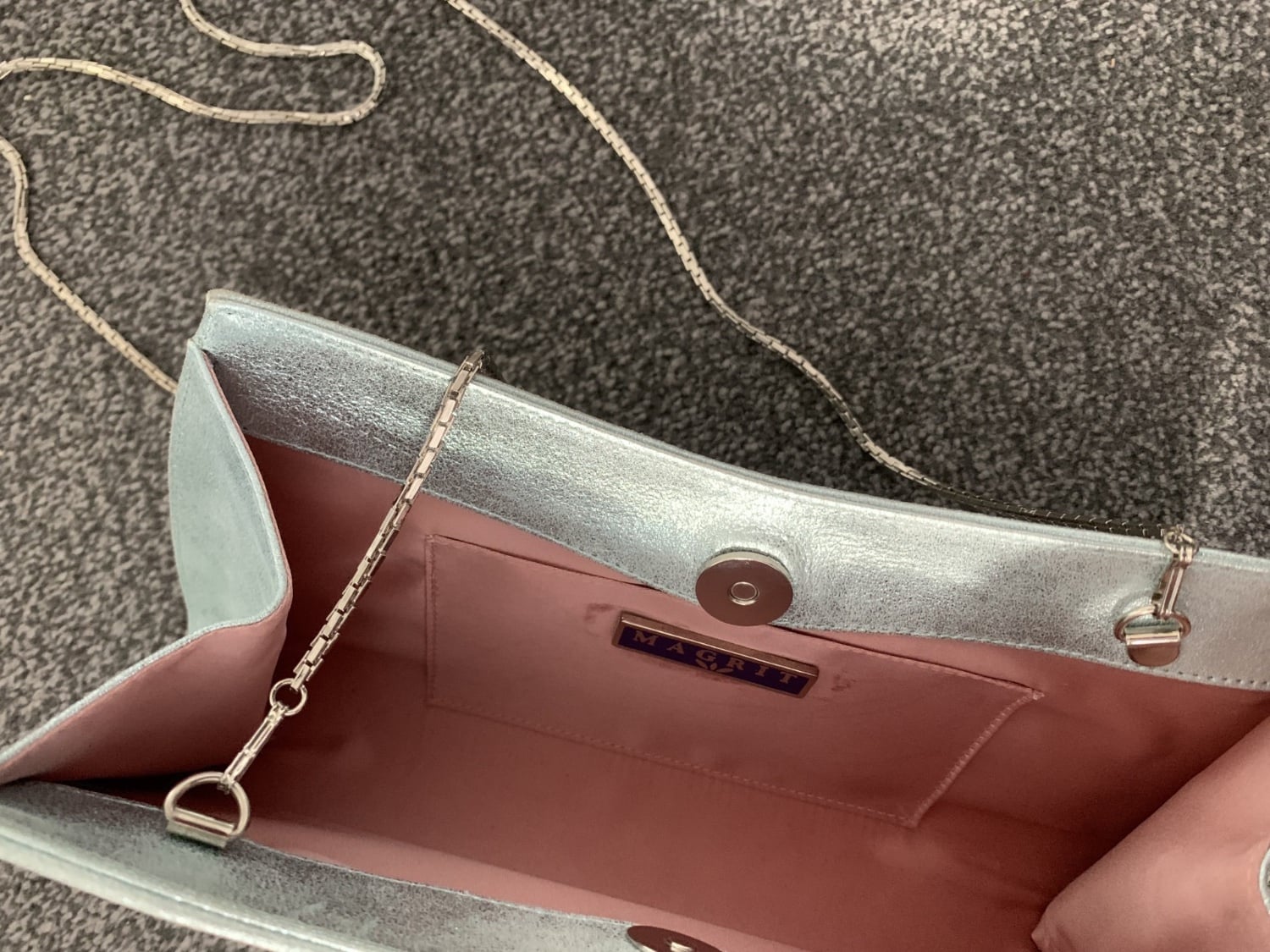 SILVER, LEATHER CLUTCH BAG