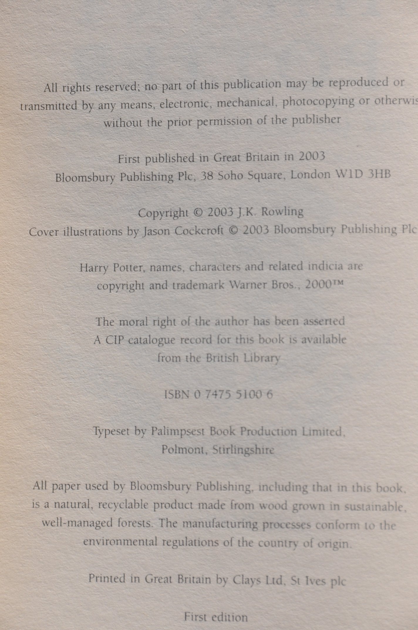 Hartley Wintney First Edition 2003 Harry Potter & The Order Of The Phoenix