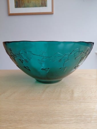 Beautiful Teal Glass Bowl with Embossed Design