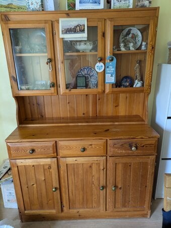 Dresser with Glass Display Cabinet. Pine. Good Shelving Space