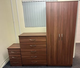METRO (WALNUT ) WARDROBE CHEST & BEDSIDE - FULLY ASSEMBLED