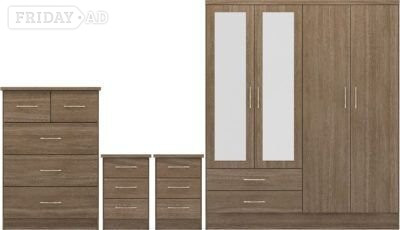 Rotherham NEVADA 4 DOOR 2 DRAWER MIRRORED WARDROBE BEDROOM SET IN RUSTICOAK