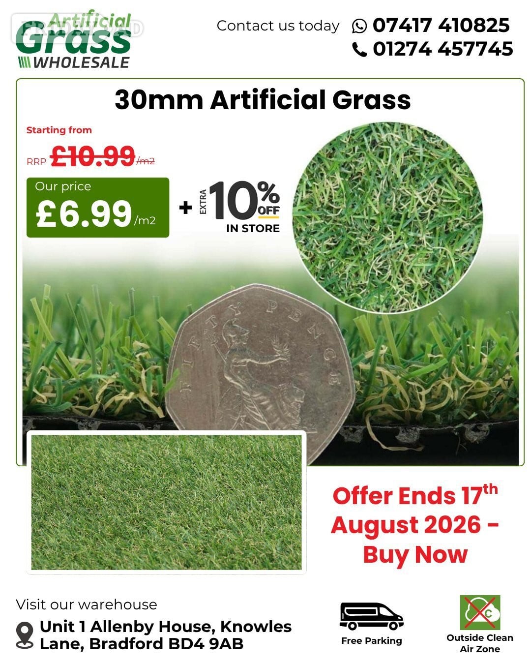 30mm Artificial Grass | Was £10.99, Now £6.99/m² + Extra 10% Off in Bradford