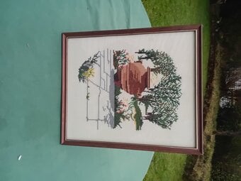 Completed Cross Stitch. Urn in Garden. Framed. 12.75" x 10.75".