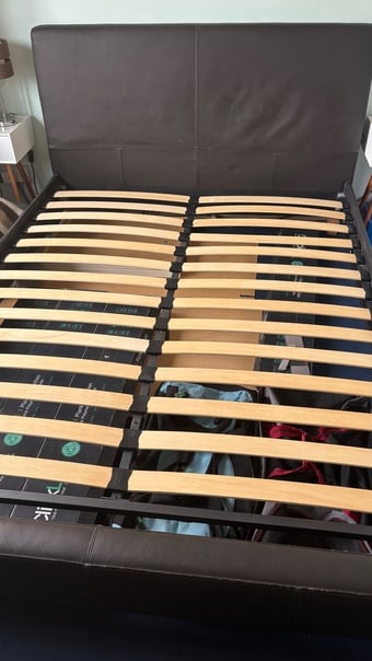King size bed frame with wooden slats, brown leather