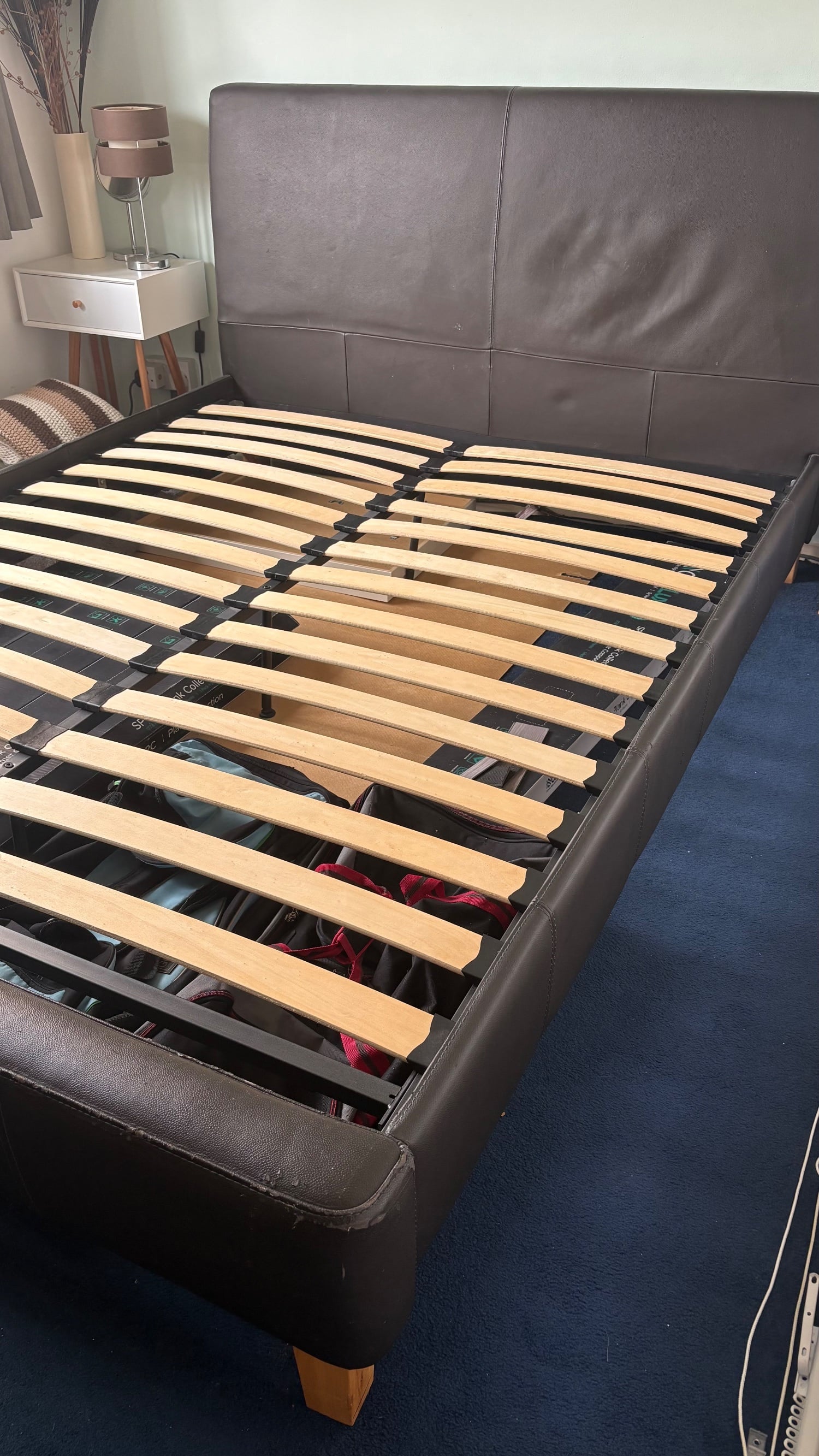 King size bed frame with wooden slats, brown leather