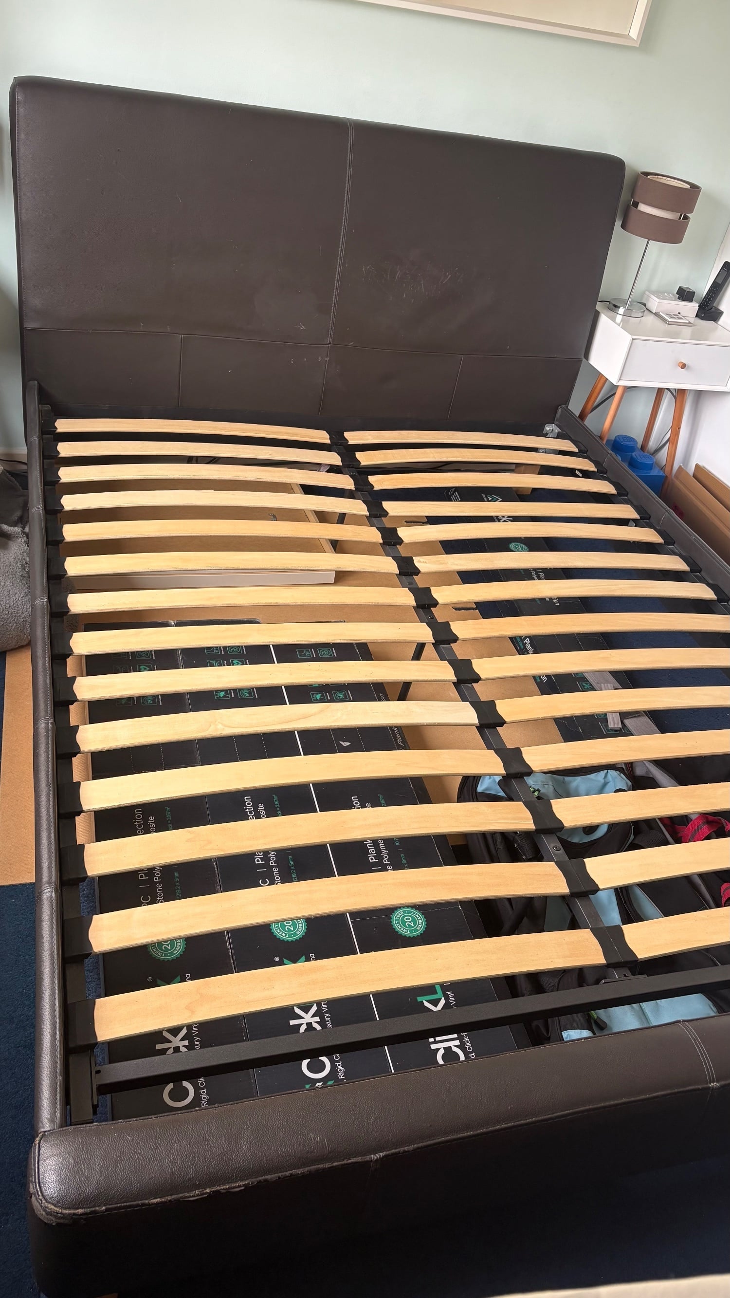 Thatcham King size bed frame with wooden slats, brown leather