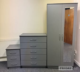 METRO (GREY) MIRROR WARDROBE CHEST & BEDSIDE - FULLY ASSEMBLED