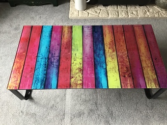 Coffee table. Striped colourful glass