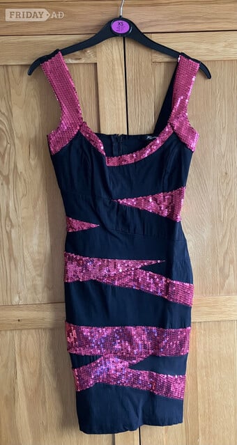 Black dress with pink sequins, stretch fabric - zip up- Jane Norm