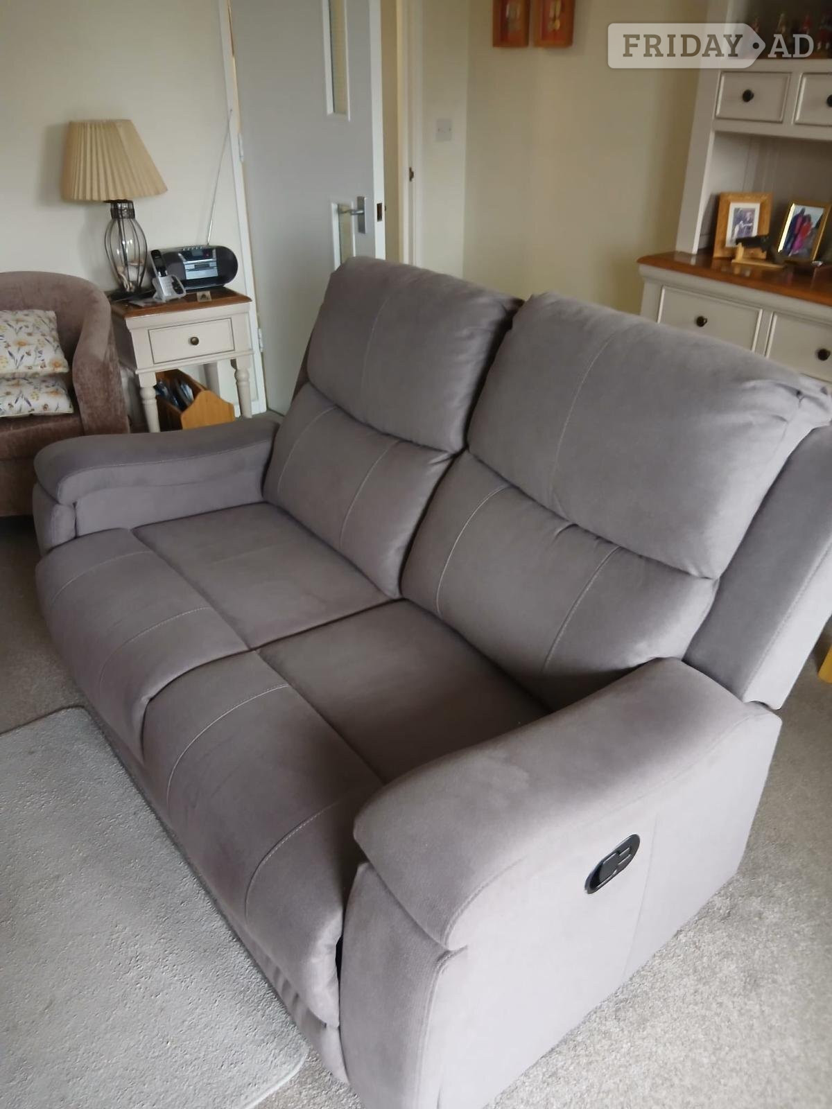 Two Seater Sofa Recliner. Grey/Brownish material. Nearly new in Littlehampton