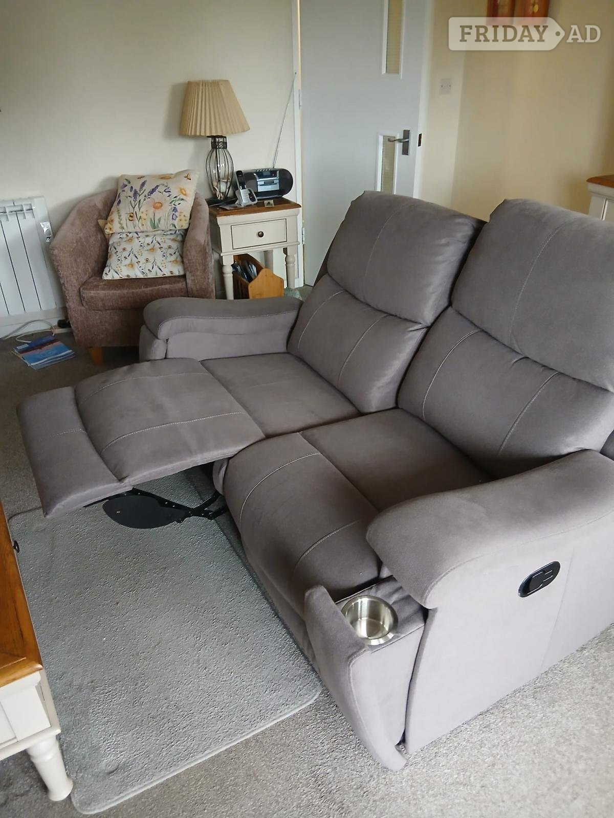 Two Seater Sofa Recliner. Grey/Brownish material. Nearly new