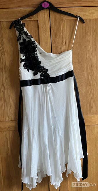 White & black one shoulder dress with back tie- LIKE NEW